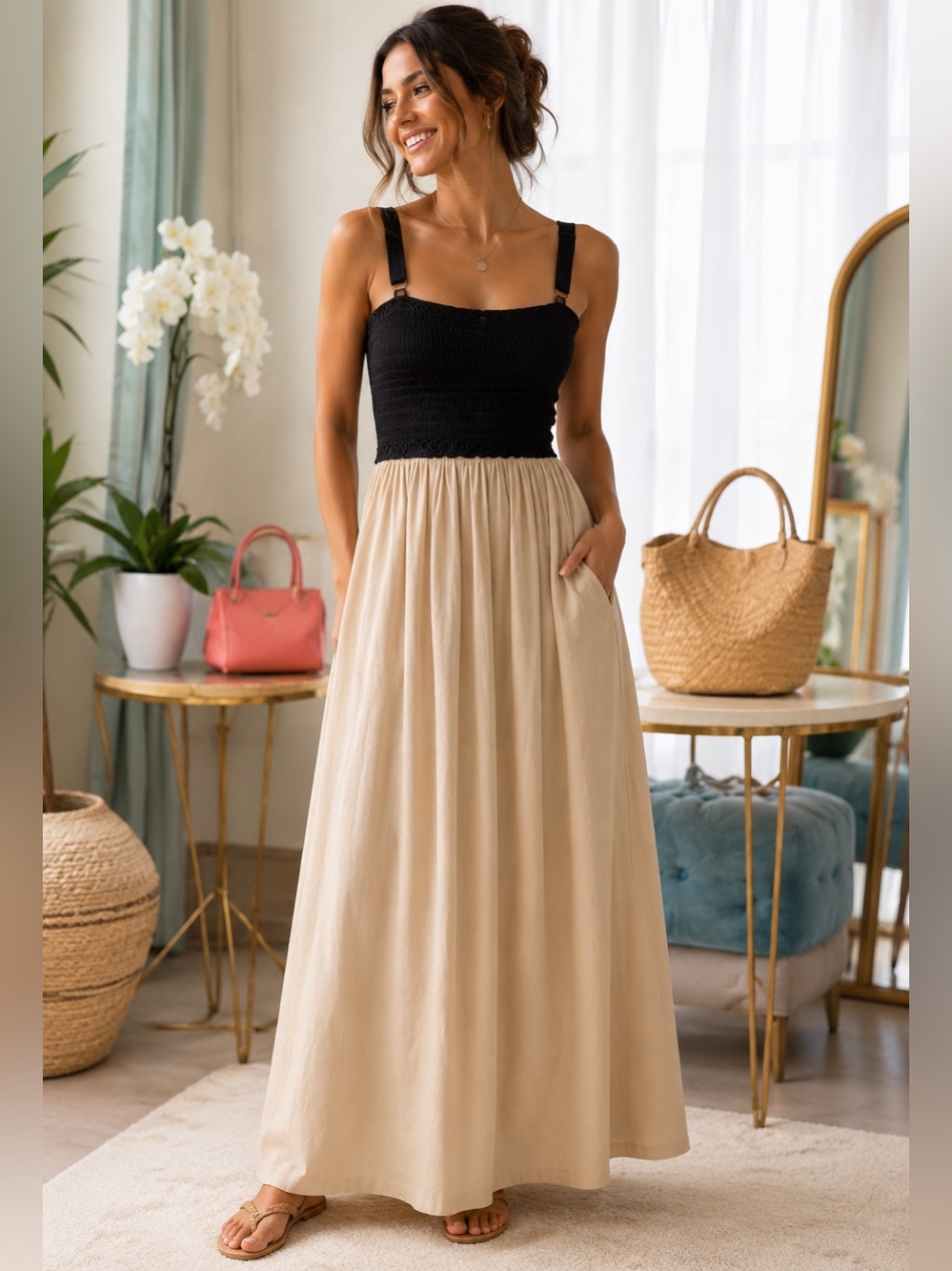 Taylor Black dress Smocked Bodice Cream Maxi Elegant with pockets.